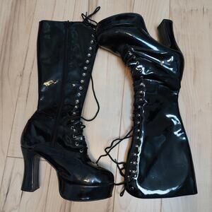 Funtasma Black Patent Lace Up Platform Knee High Boots Goth Y2K Costume 8.5/9